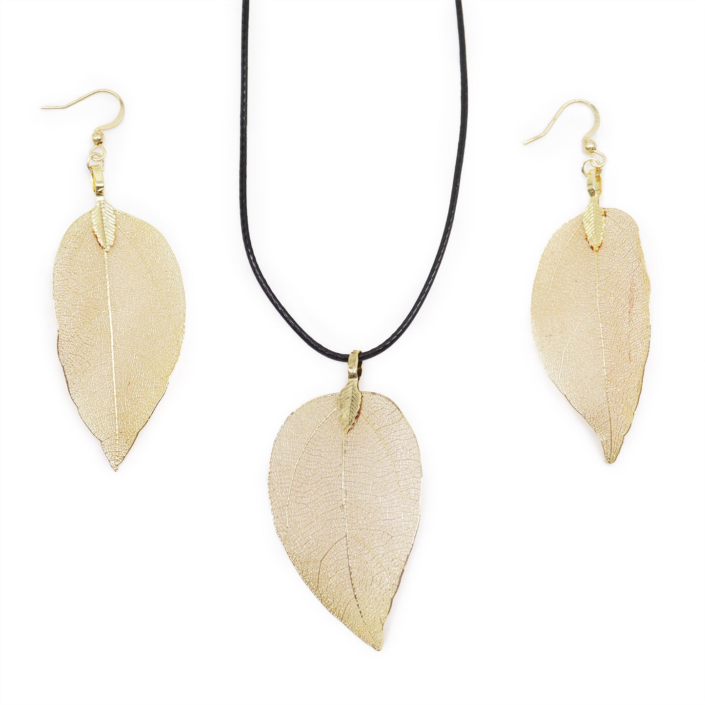 Real Leaf Necklace and Earrings Set - Gold