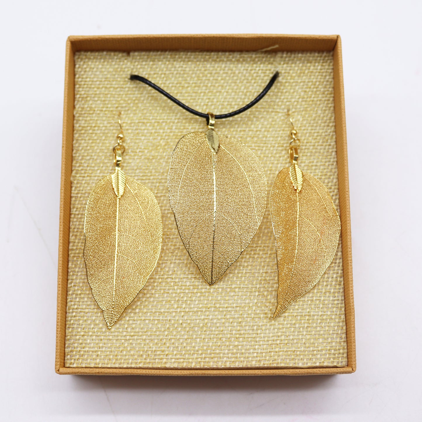 Real Leaf Necklace and Earrings Set - Gold