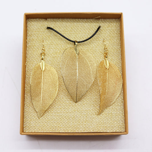 Real Leaf Necklace and Earrings Set - Gold