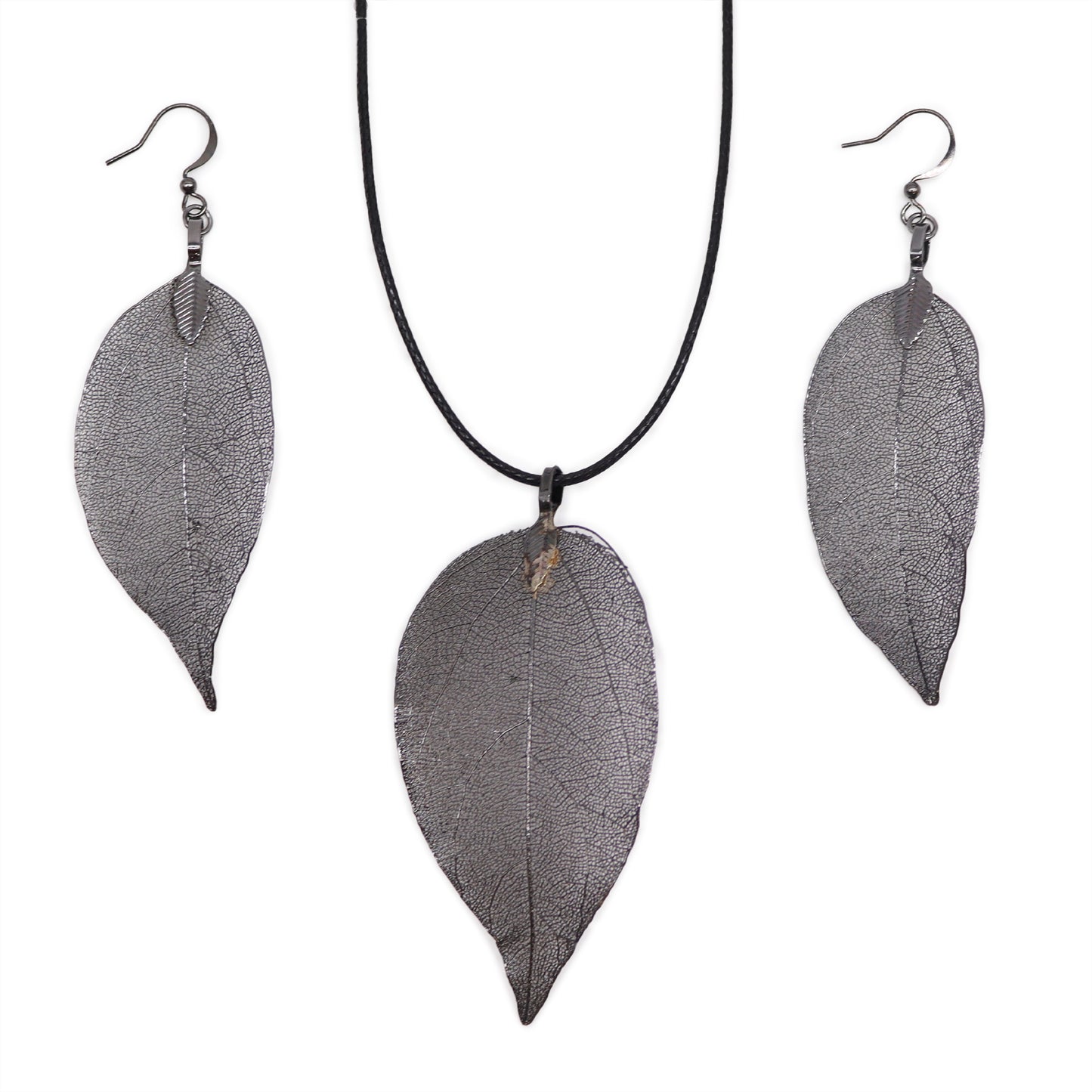 Real Leaf Necklace and Earrings Set - Pewter