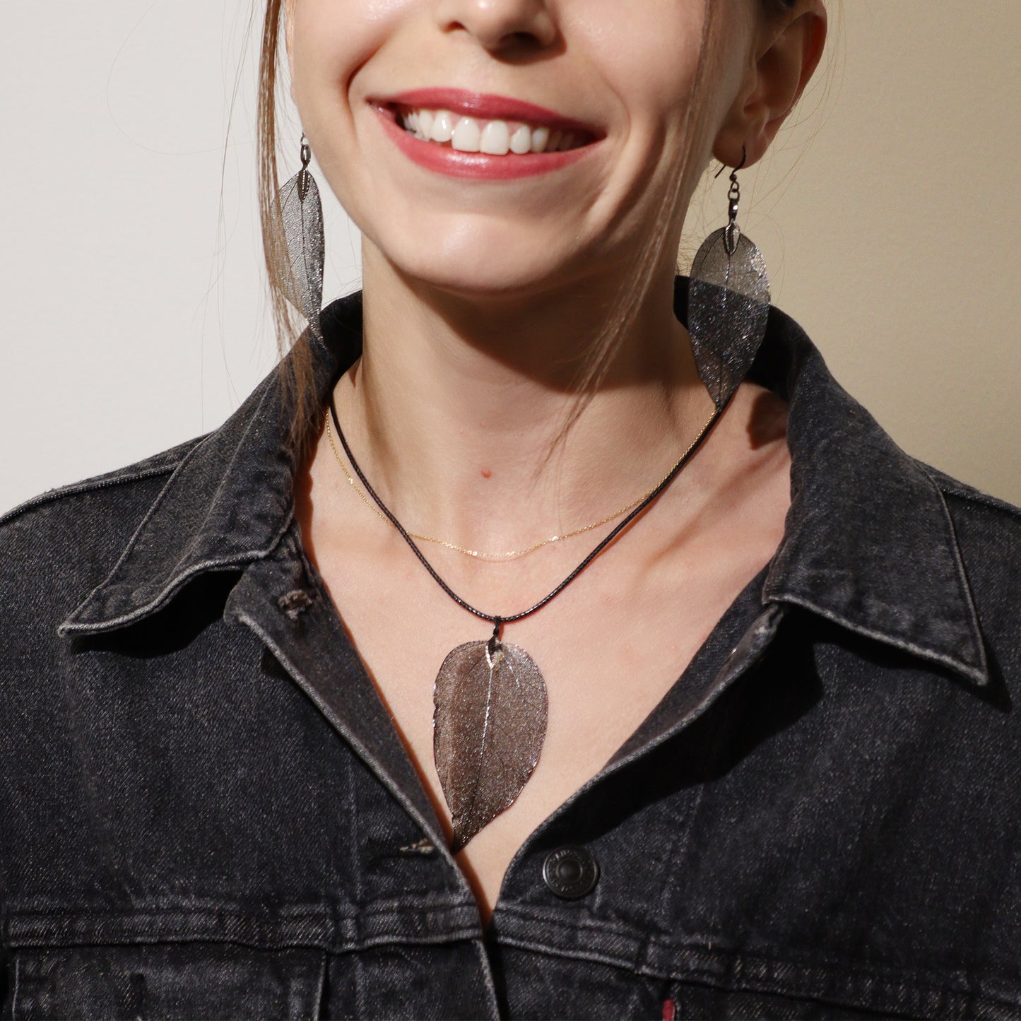 Real Leaf Necklace and Earrings Set - Pewter