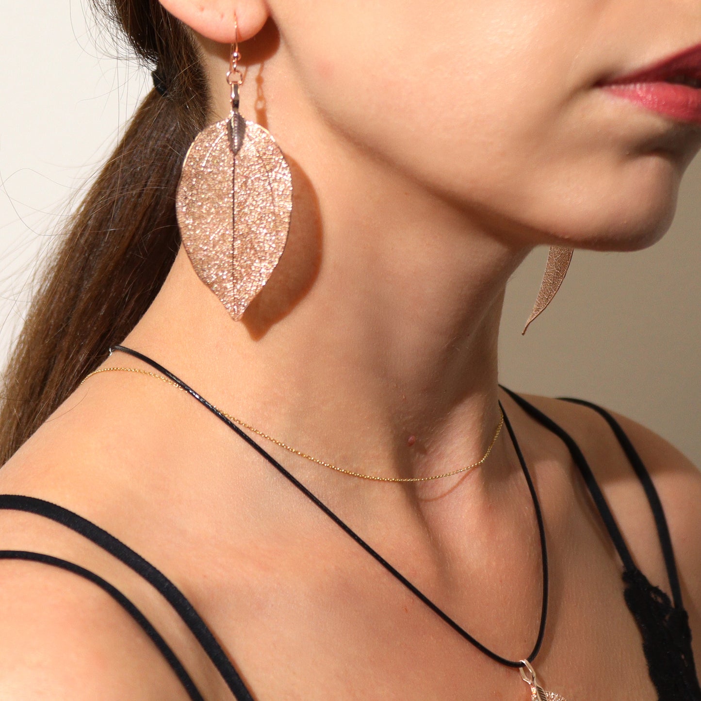 Real Leaf Necklace and Earrings Set - Pink Gold
