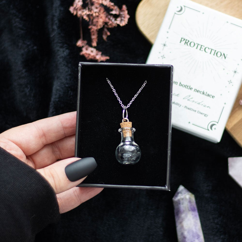 Black Obsidian Crystal Chip Potion Bottle Necklace