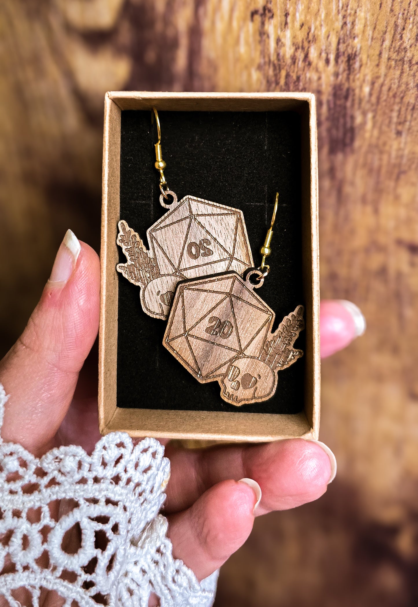 D20 Dice & Skull Wooden Earrings