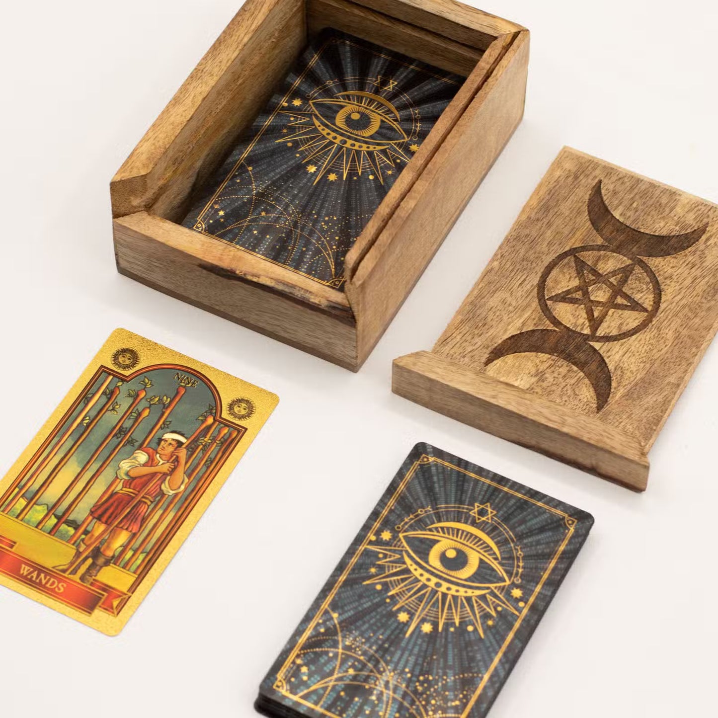 Triple Moon Pentacle Wooden Tarot Box with Card Holder