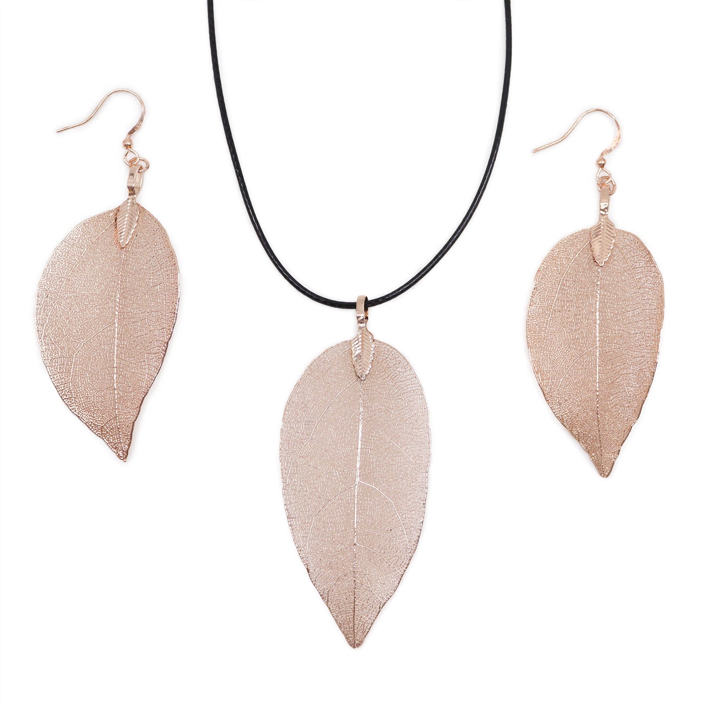 Real Leaf Necklace and Earrings Set - Pink Gold