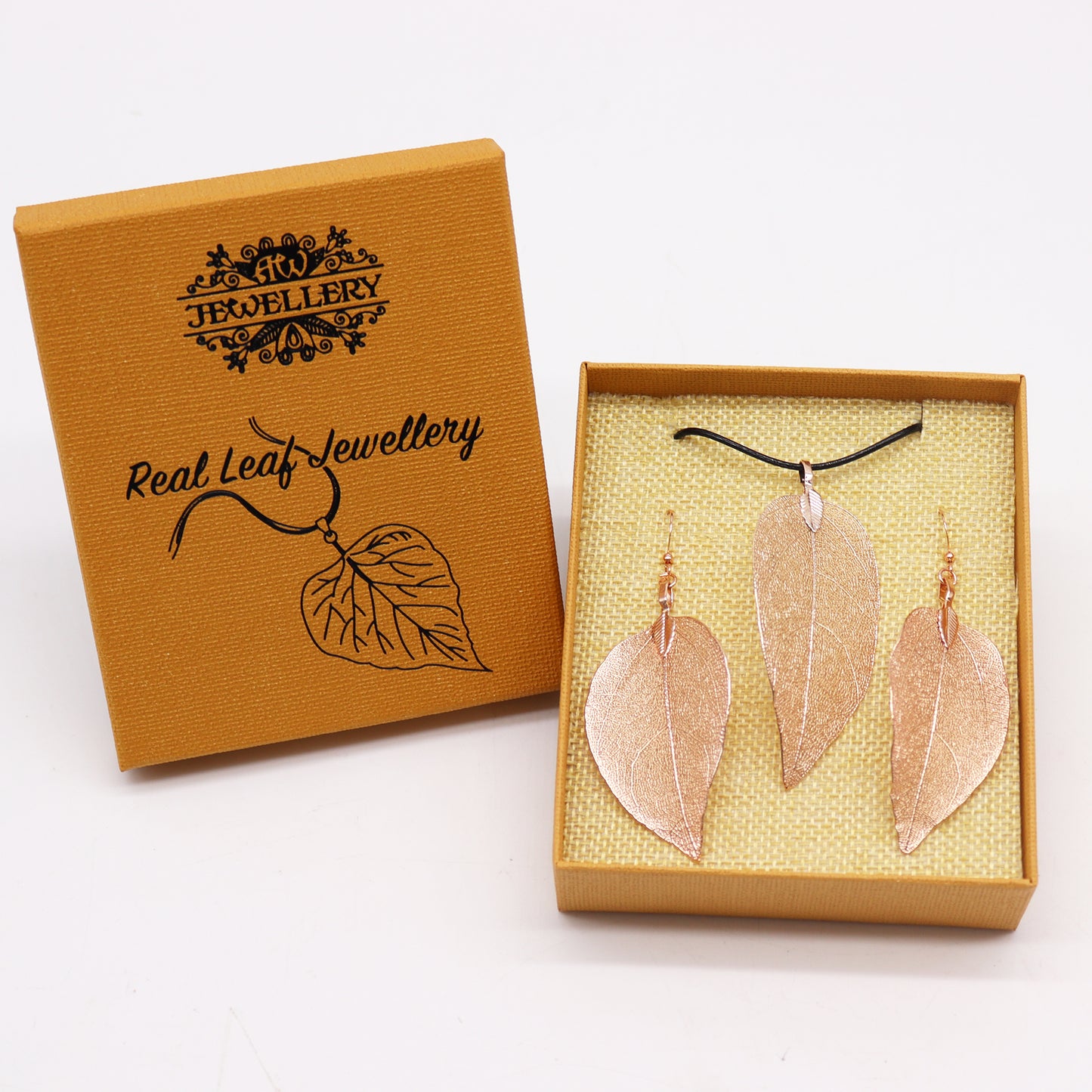 Real Leaf Necklace and Earrings Set - Pink Gold