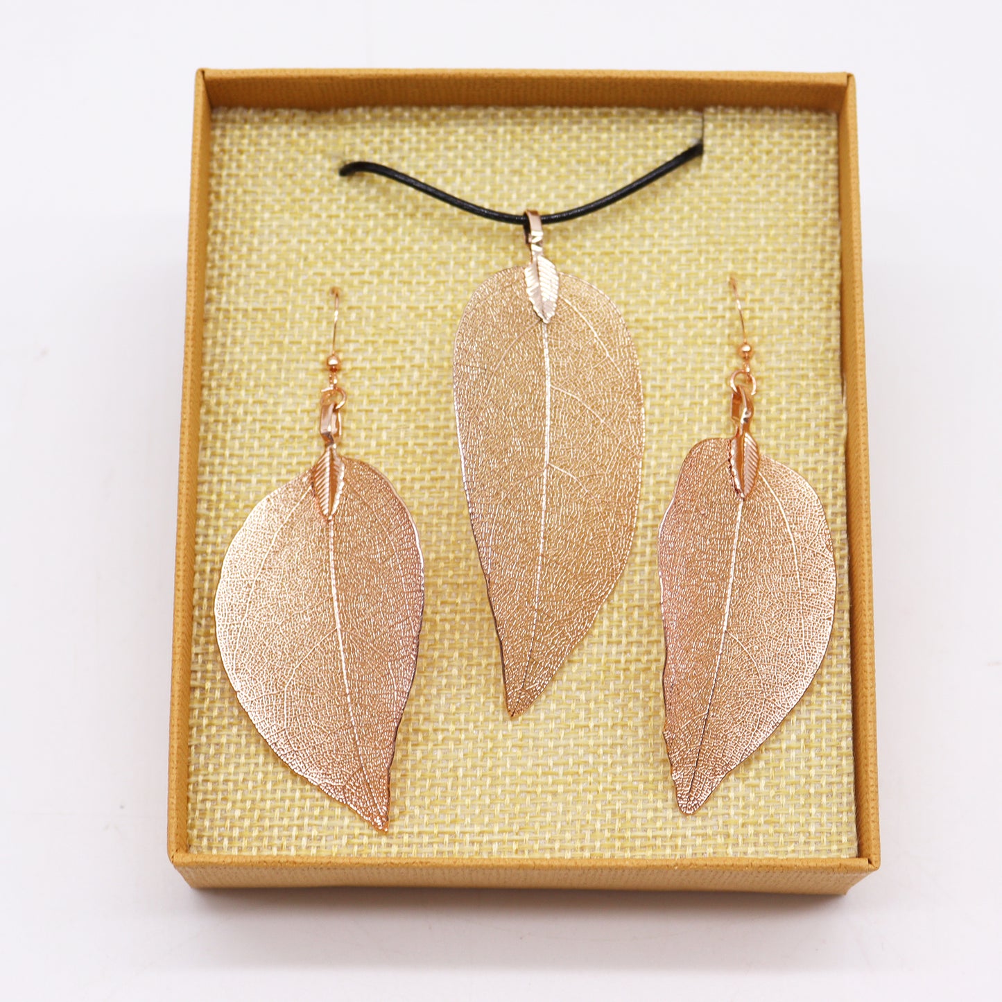 Real Leaf Necklace and Earrings Set - Pink Gold