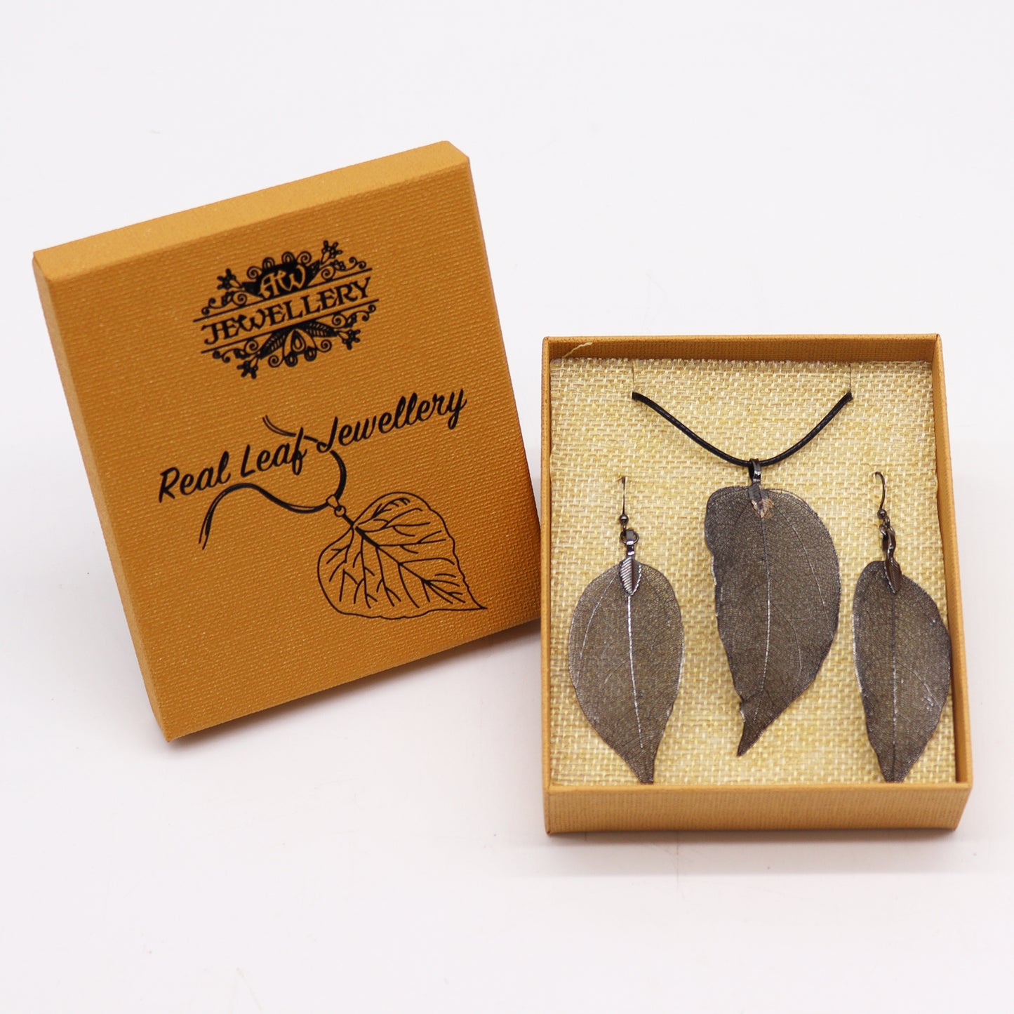Real Leaf Necklace and Earrings Set - Pewter