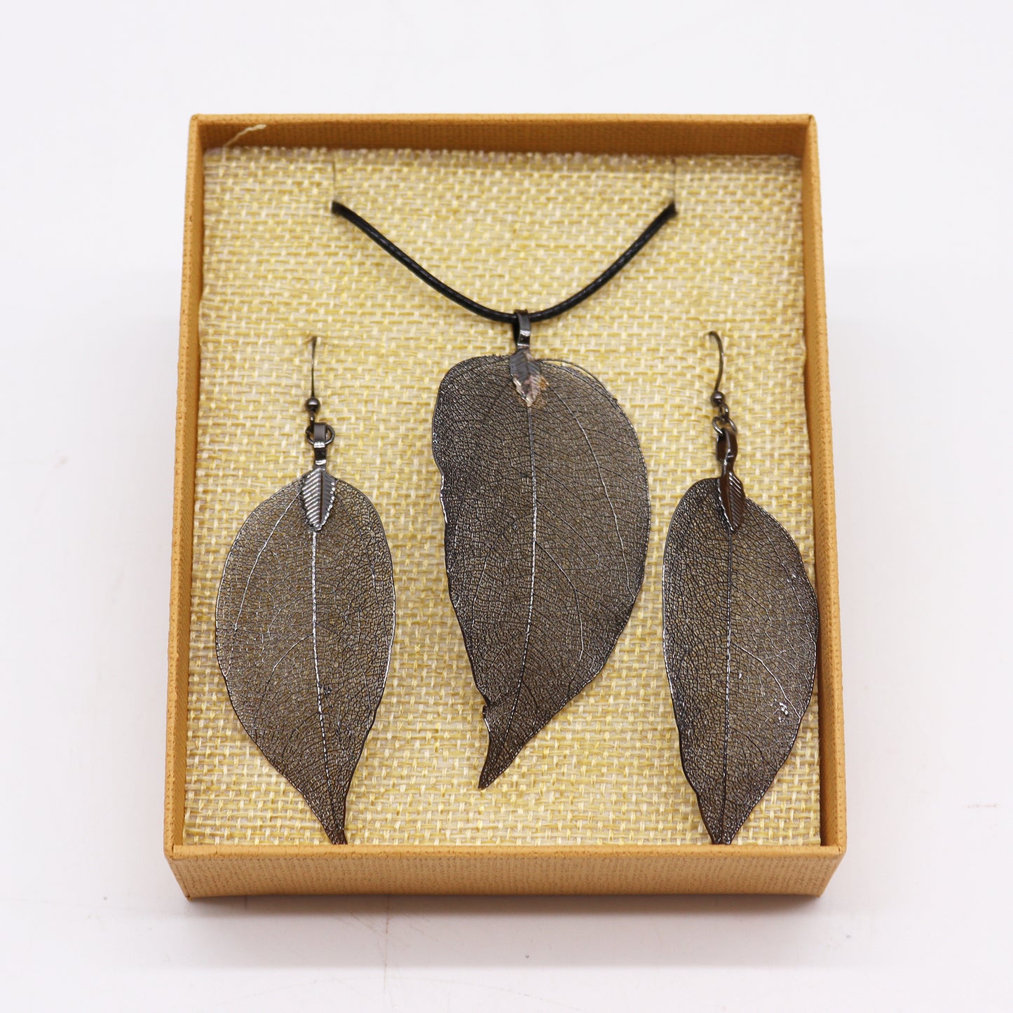 Real Leaf Necklace and Earrings Set - Pewter