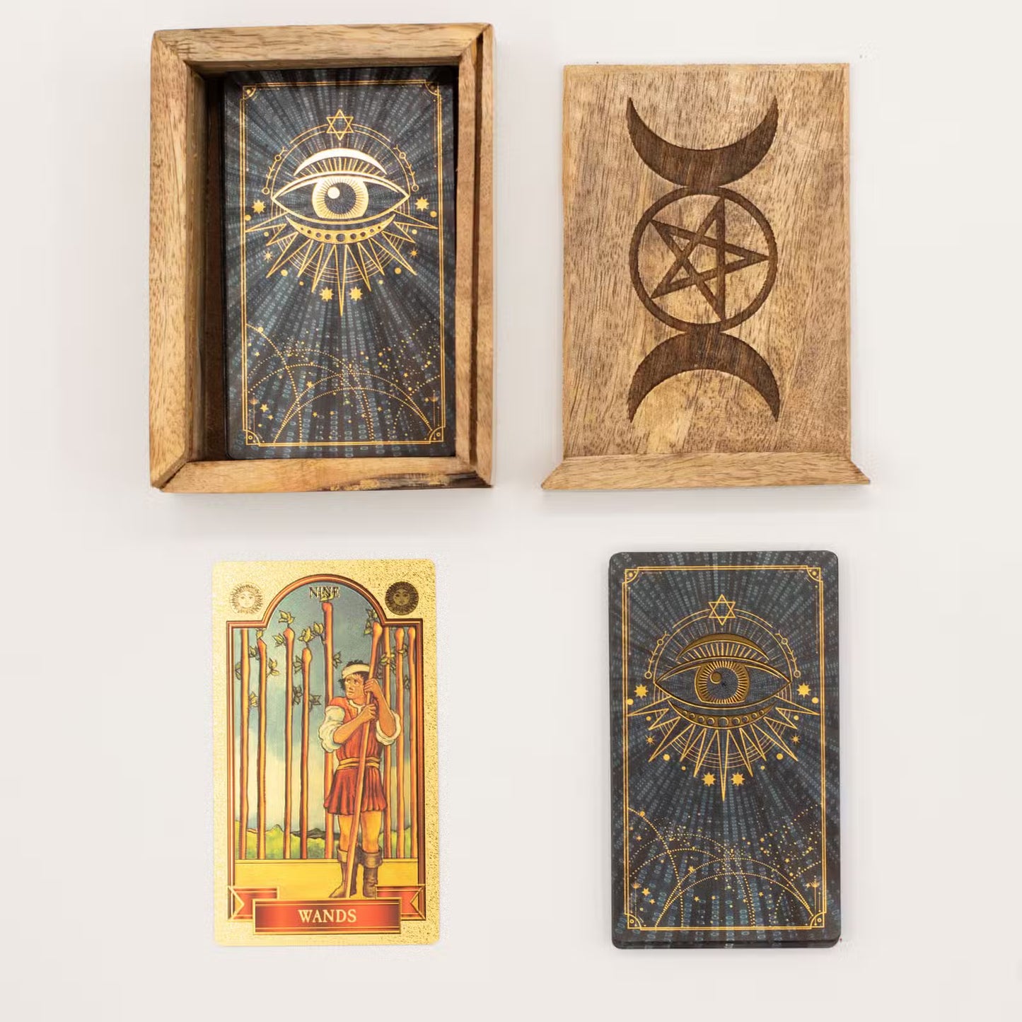 Triple Moon Pentacle Wooden Tarot Box with Card Holder