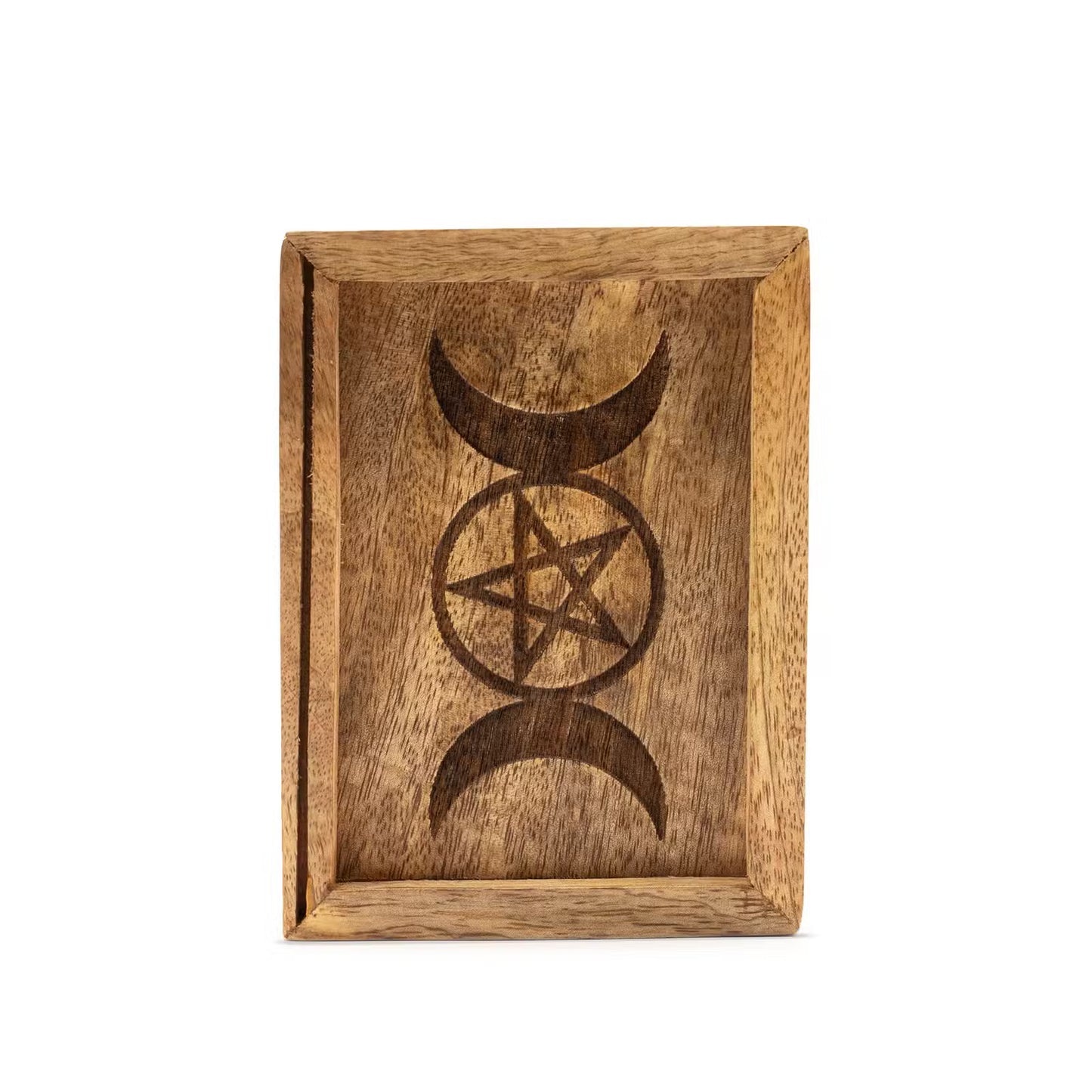 Triple Moon Pentacle Wooden Tarot Box with Card Holder