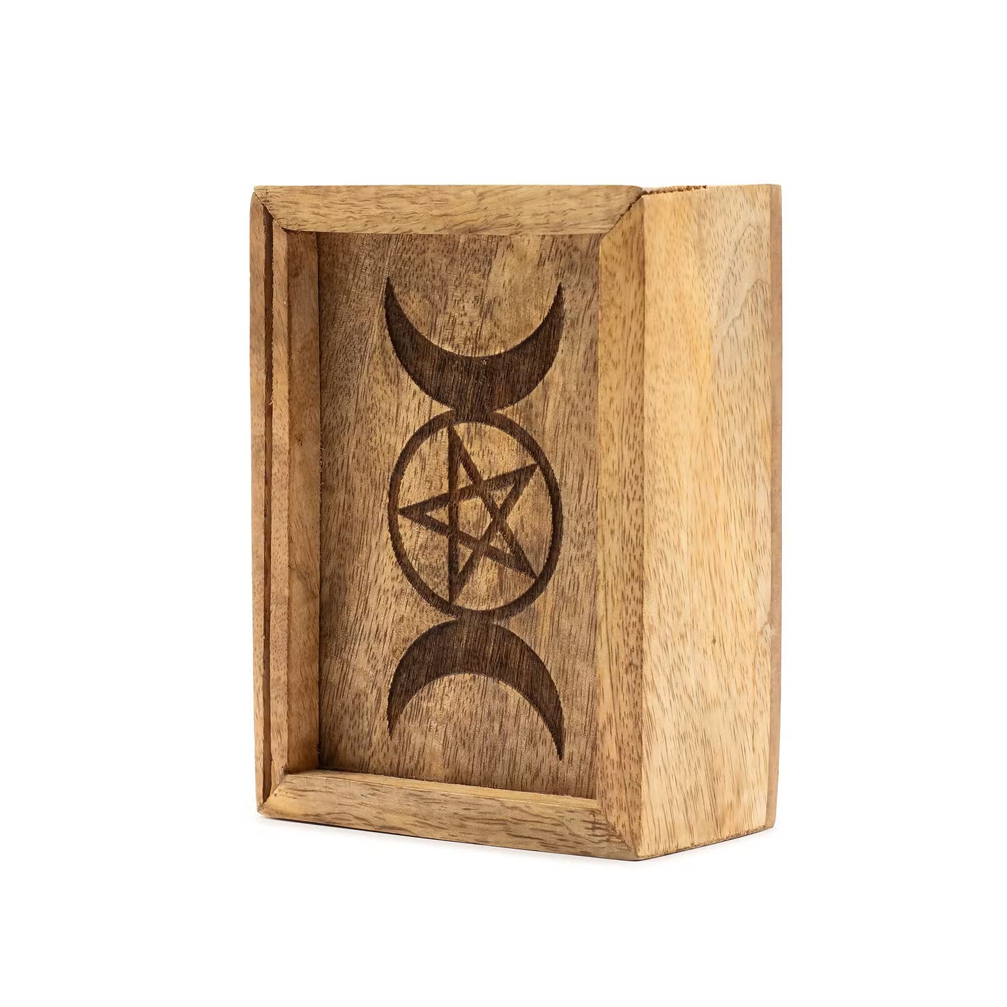 Triple Moon Pentacle Wooden Tarot Box with Card Holder