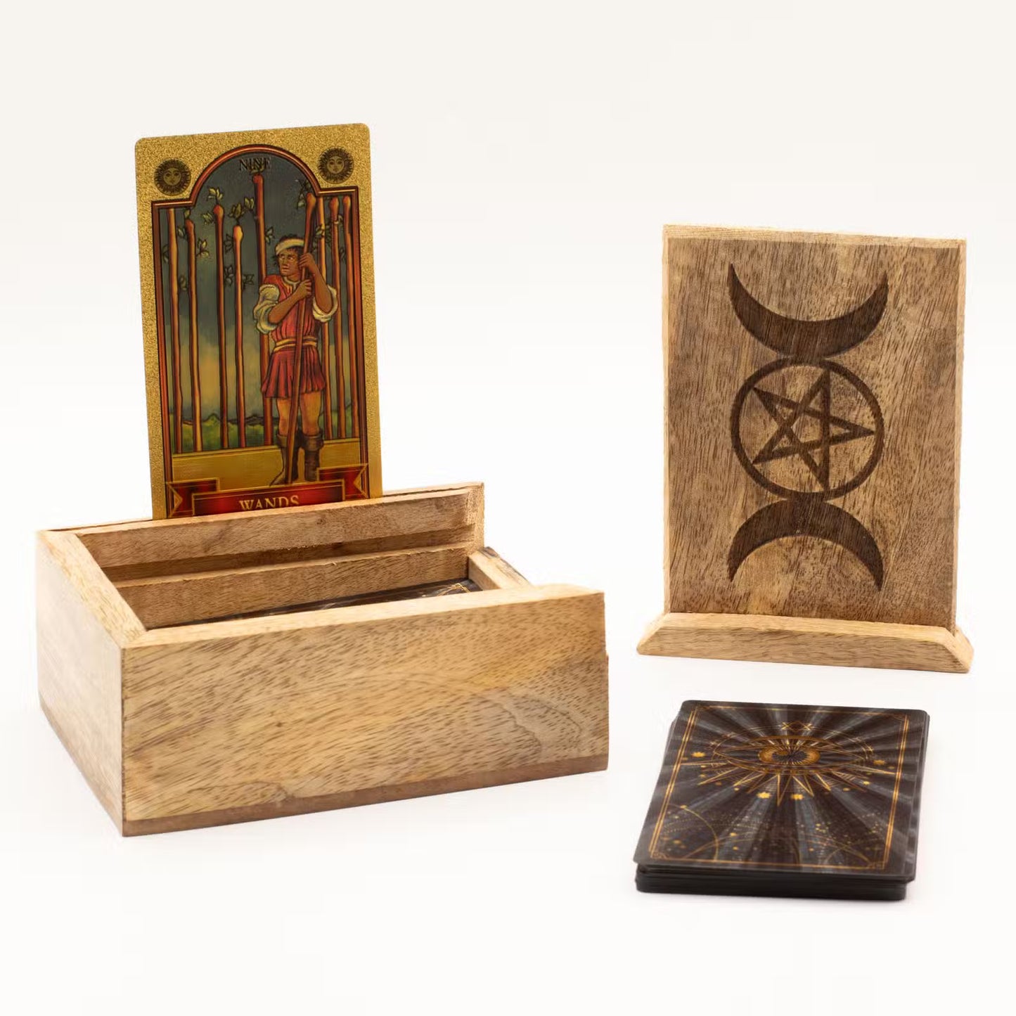 Triple Moon Pentacle Wooden Tarot Box with Card Holder