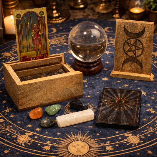Triple Moon Pentacle Wooden Tarot Box with Card Holder