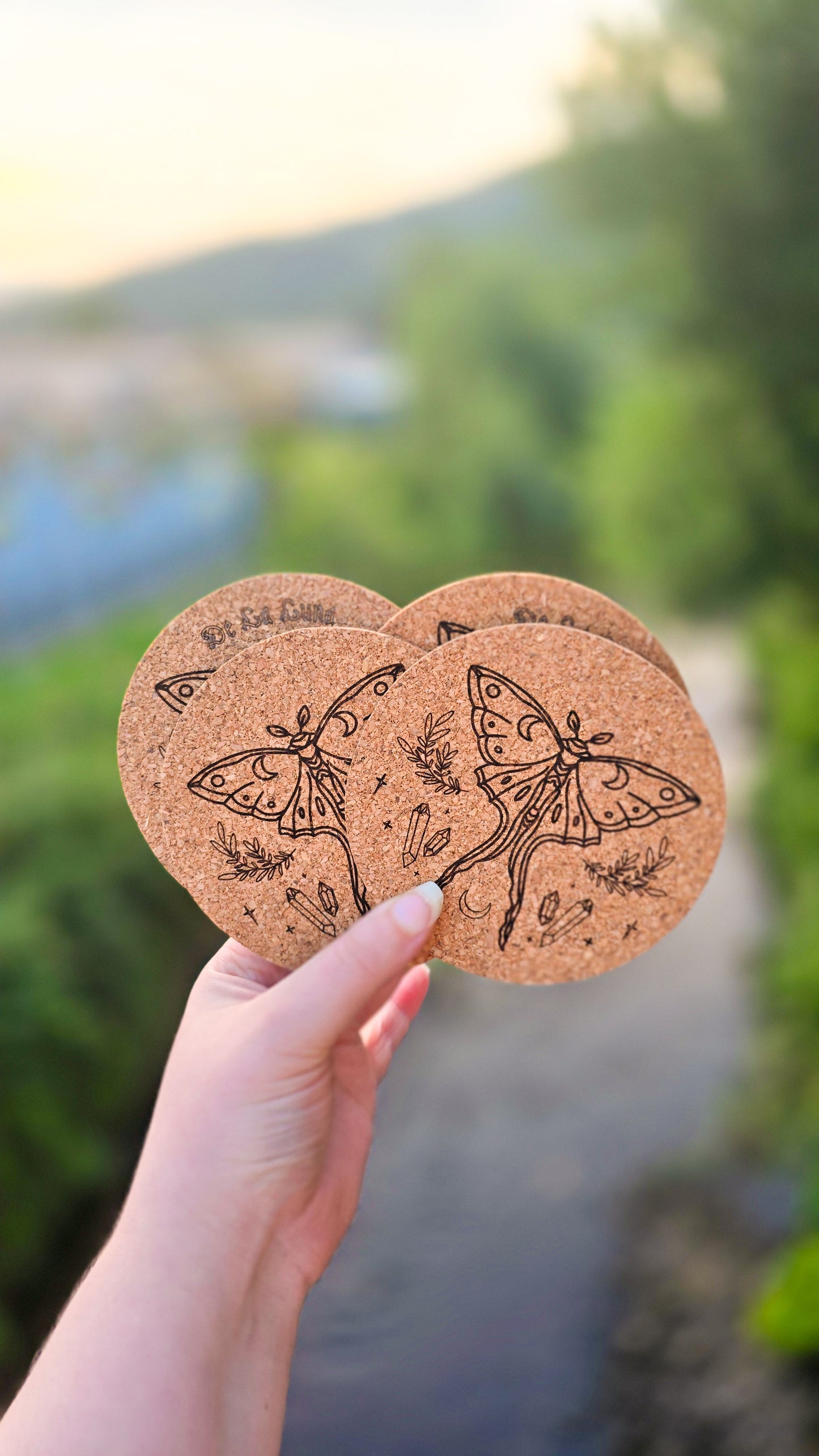 Custom Lunar Moth Cork Coaster Set