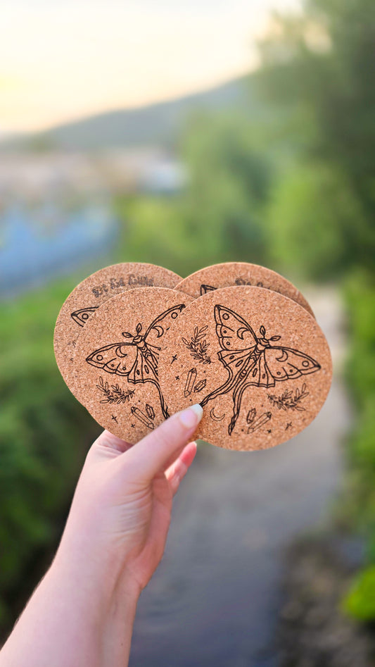 Custom Lunar Moth Cork Coaster Set