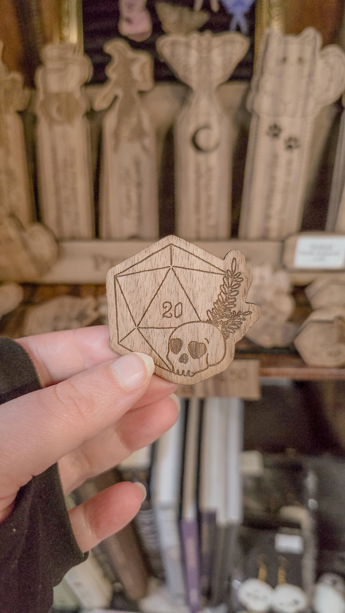 D20 Dice & Skull Wooden Magnet
