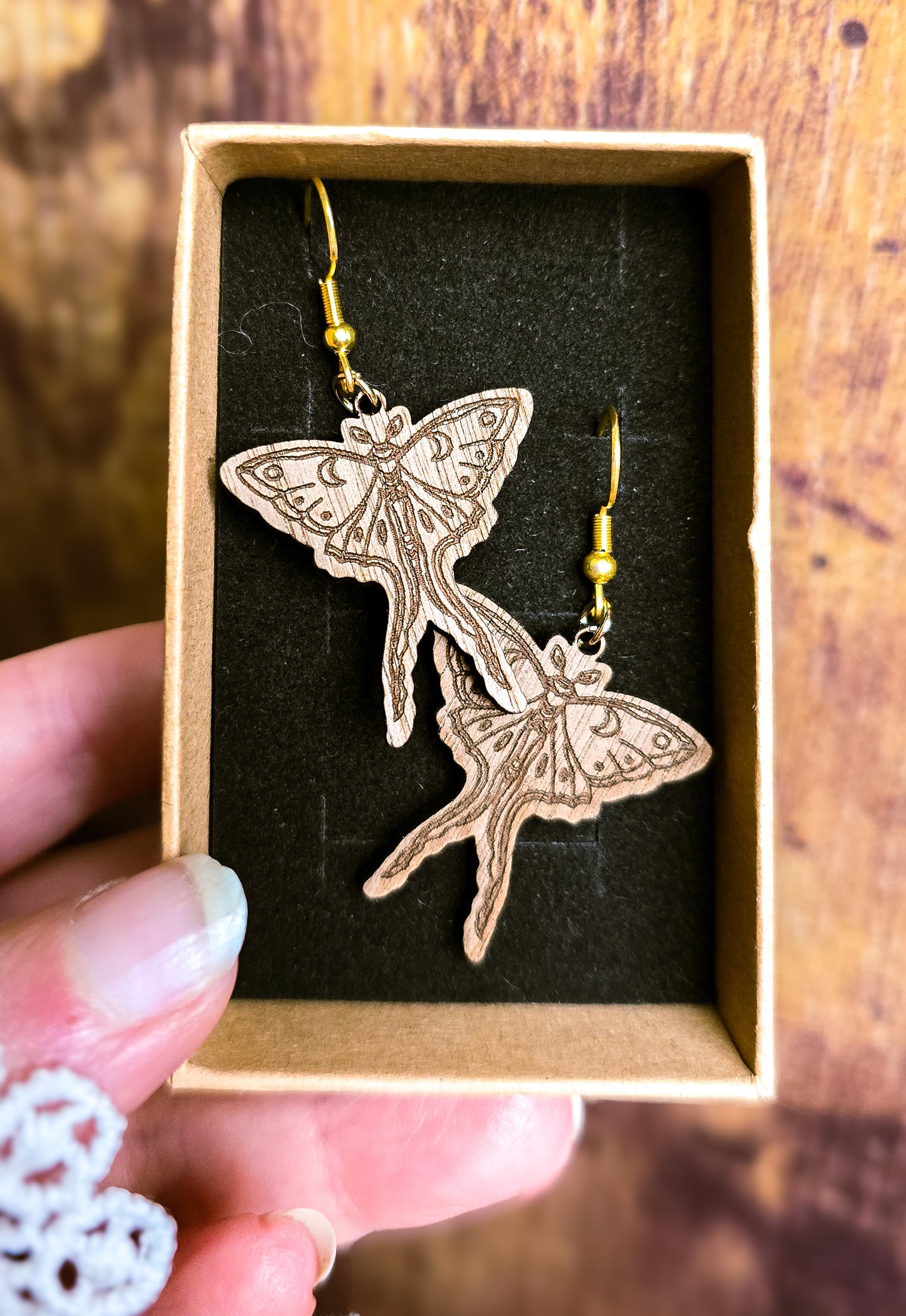 Handmade Engraved Lunar Moth Wooden Earrings