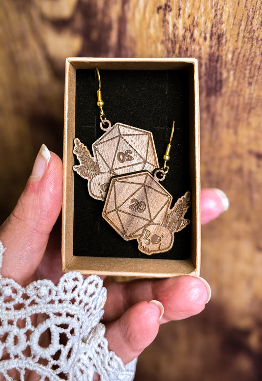 D20 Dice & Skull Wooden Earrings